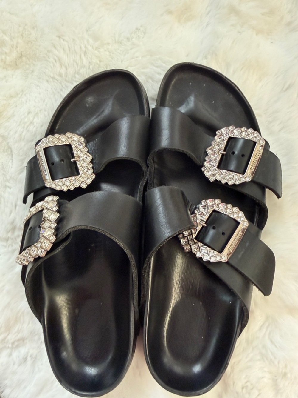 Manolo Blahnik &Birkenstock Black Double-Buckle Slide Sandals with rhinestones